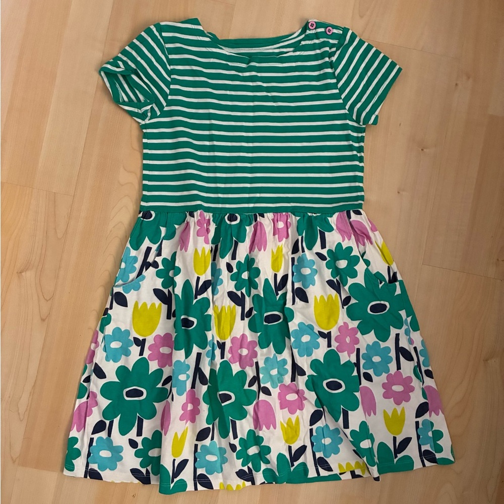 Mini Boden Green Striped Floral Dress with Pockets